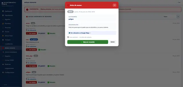 Canal confidencial de avisos de menores